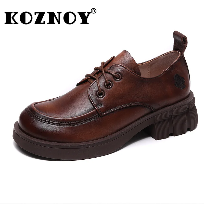 Koznoy 4.5cm Retro Ethnic Genuine Leather Platform Spring Autumn Ladies Mature Moccassins Round Toe British Style Lace Up Shoes