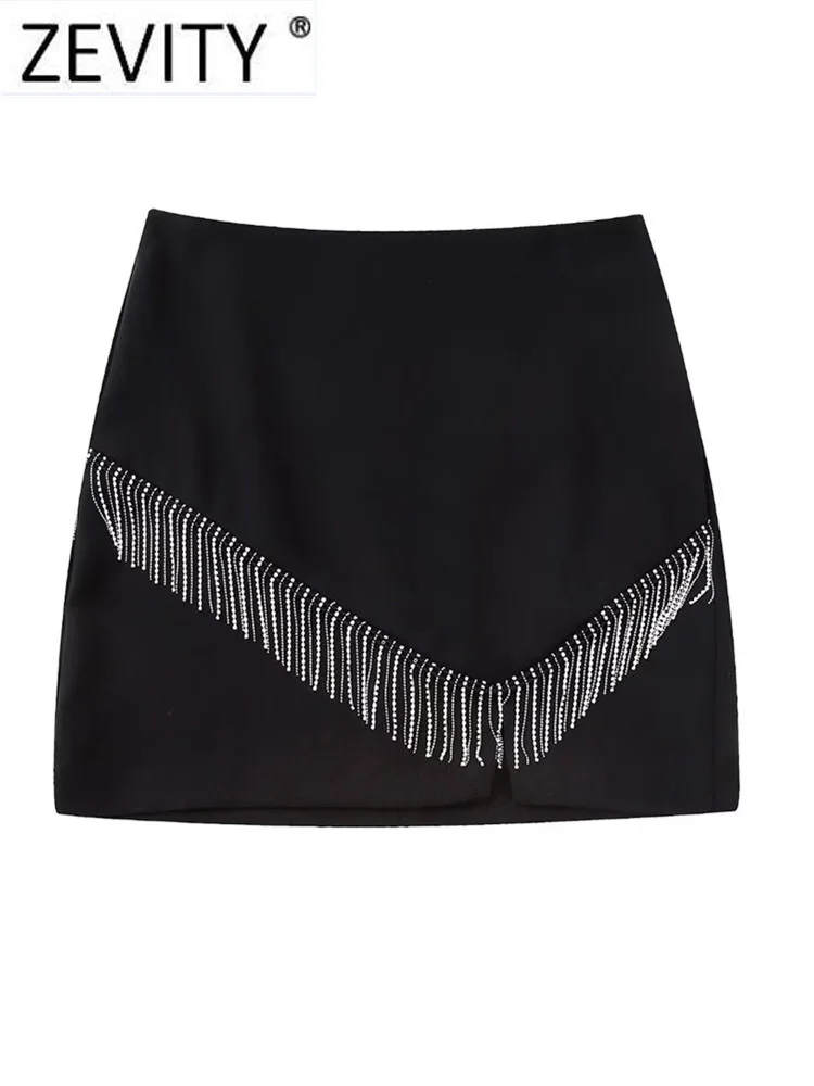 

Zevity Women Fashion Diamond Tassel Design Black Split A Line Mini Skirt Faldas Mujer Female Chic Zipper Fly Vestidos QUN3117