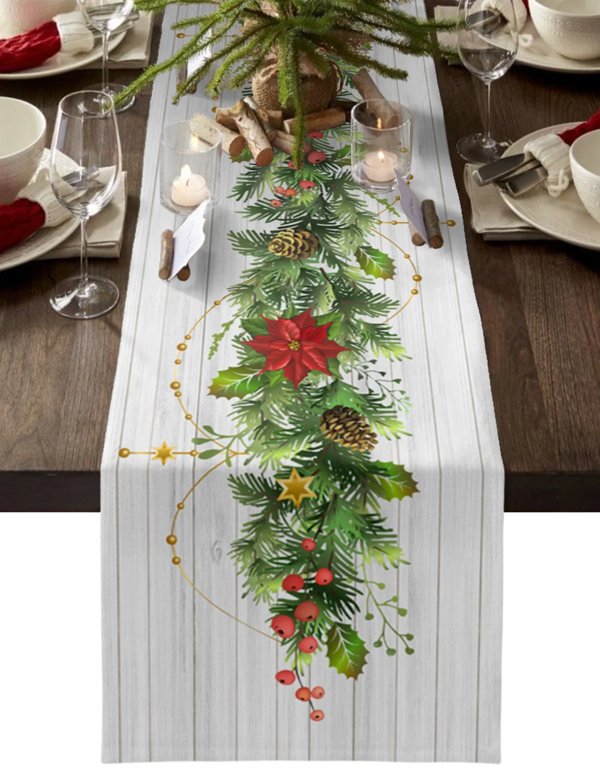 

Home Decor Table Runner Wedding Decoration Tablecloth Kitchen Table RunnersChristmas Pine Needle Leaves Christmas Tree