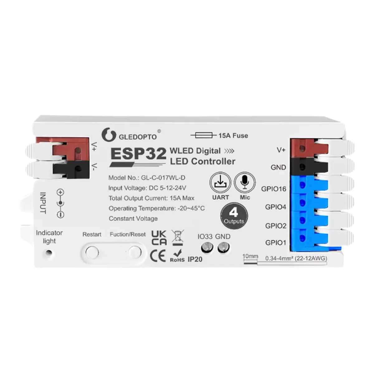 Фото Контроллер ABNJ ESP32 WLED с 4 выходами, предохранителем 15 А, микрофоном, звуком, динамическим освещением, сделай сам, энергосберегающее реле, переключатель уровня IC, белый №5