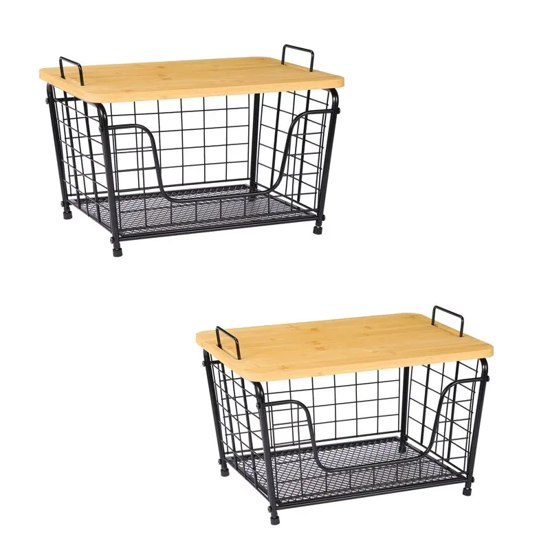 

2 Pack Kitchen Countertop Basket Organizer Produce Storage Basket with Wood Lid