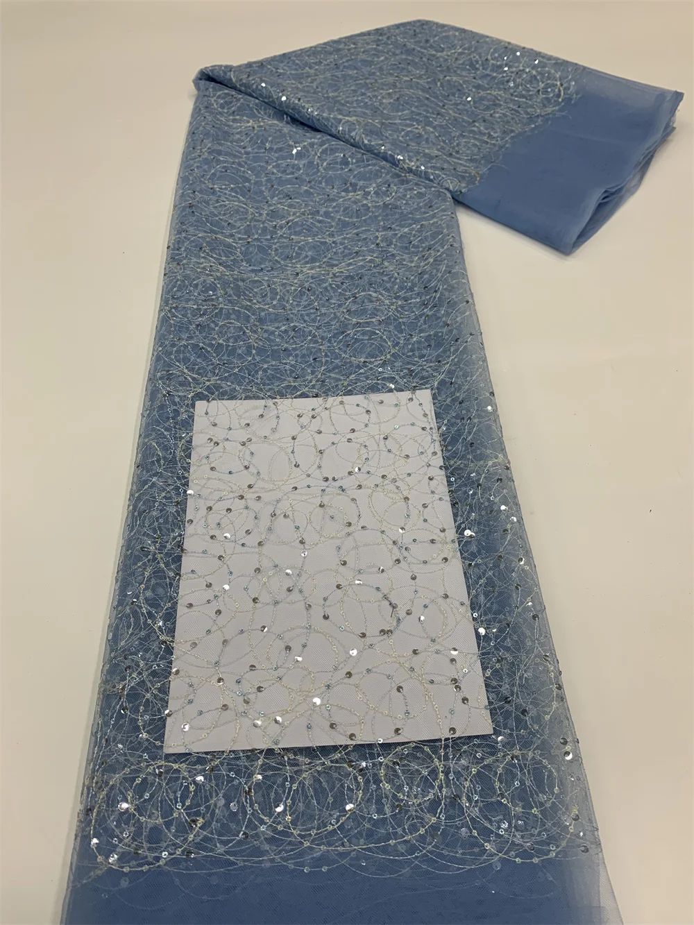 

2023 African High Quality Lace Fabric Latest Sky Blue French Net Sequin Fabric Sewing Embroidered Lace in Tulle Nigeria Fabric