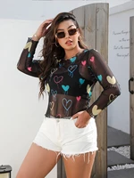 finjani print heart hollow out long sleeved blouses plus size women sexy sheer tee