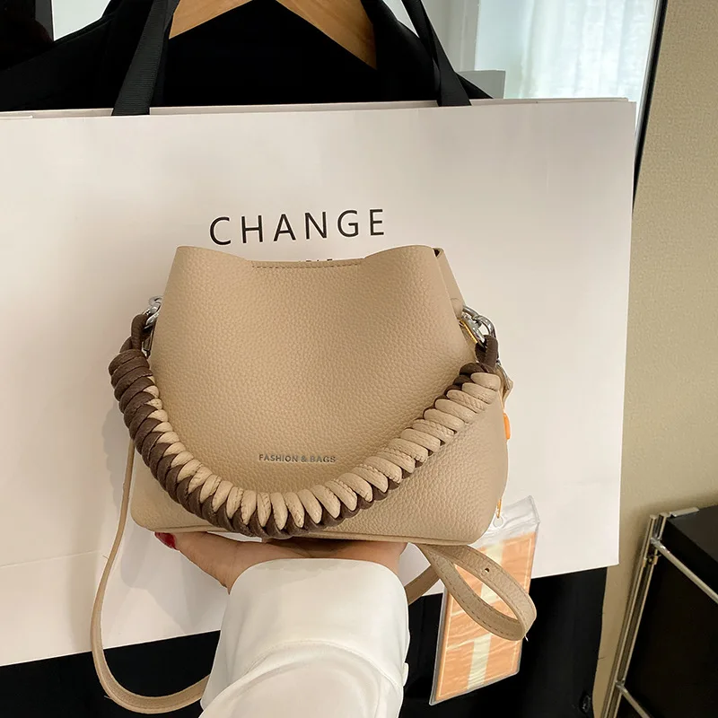 Solid Color Leather Buns Mother Single Shoulder Bags Personality Originality Weave Handle Crossbody Bags for Women Bucket Bag