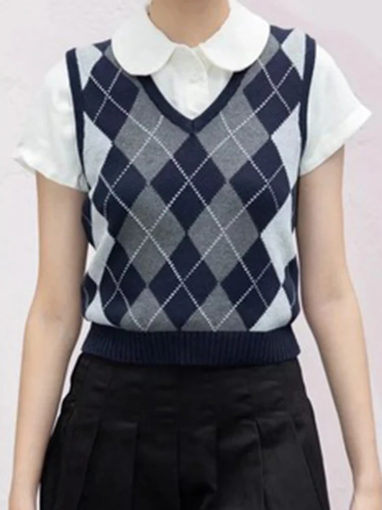 Клетчатый вязаный облегающий свитер жилет Женский Осенний мягкий хлопковый