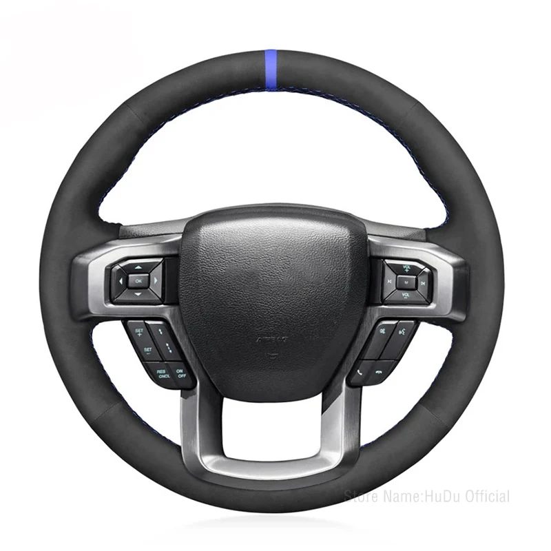 

DIY Black Suede Blue Marker Steering Wheel Cover For Ford F-150 F-250 F-350 F-450 F-550 F-600 F-650 F-750 2015-2021 Accessories