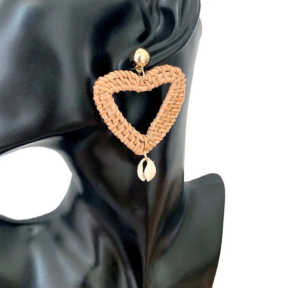 Корейские винтажные серьги из ротанга с геометрическим сердцем серьги-гвоздики