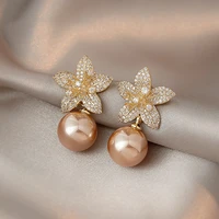 rose pearl flower dangle earrings for women full rhinestone flower earrings 2022 korean fashion cute jewelry