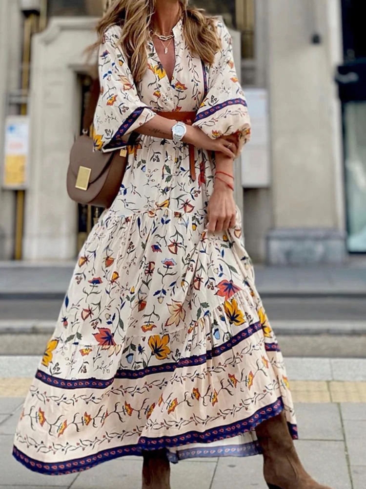 

Autumn Women Vintage A-Line Maxi Dress Elegant Ladies Loose Ruffle Long Dress Fashion V Neck 3/4 Sleeve Printed Boho Dresses