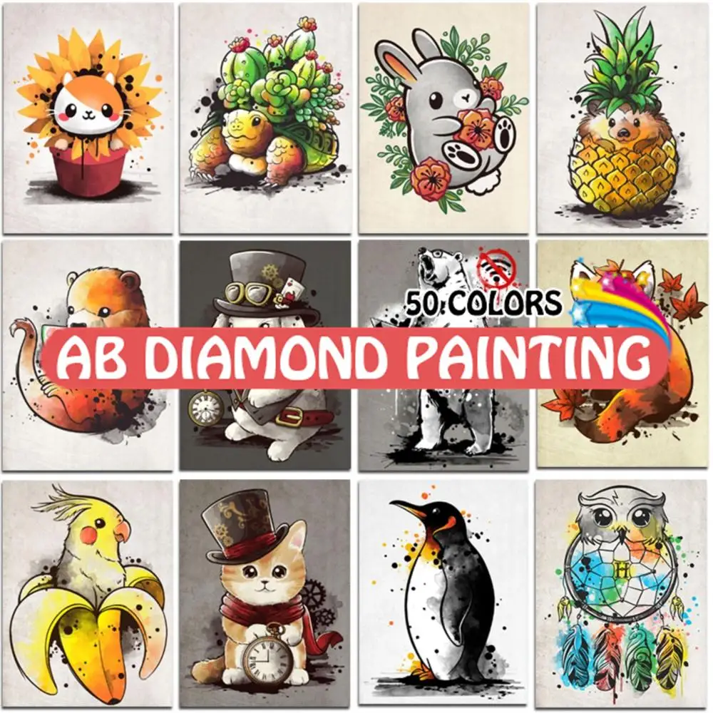 AB Diamond Painting Kit Cartoon Parrot Rabbit Tortoise Dog Owl Raccoon Cat Full Drill Mosaic Embroidery Cross Stitch Home Decor
