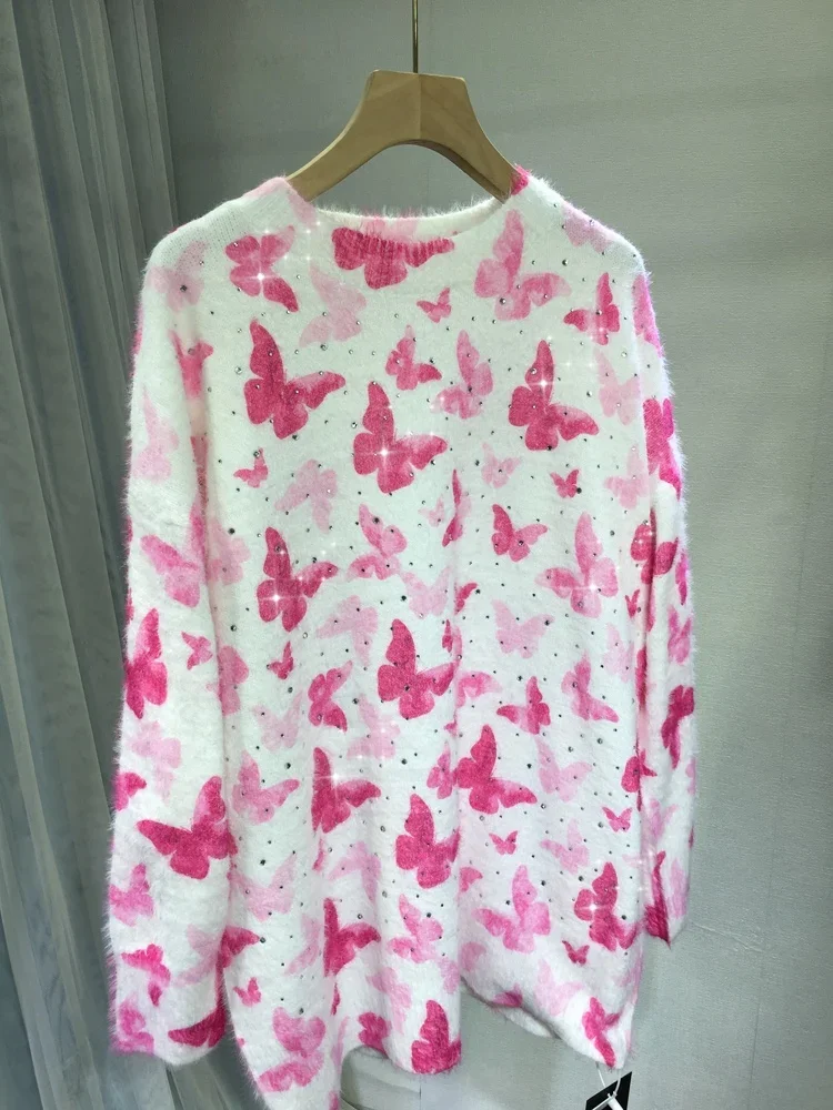 

Милые женские свитера со снижением возраста, новинка, осенне-зимний пуловер с розовой бабочкой, популярный пуловер со стразами, вязаные рубашки средней длины