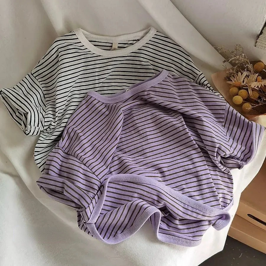 

Summer Kids T-shirt Fashion Short Sleeve Striped Girls Boys Tees Loose Unisex Tops Korean Casual Children Clothes 2023