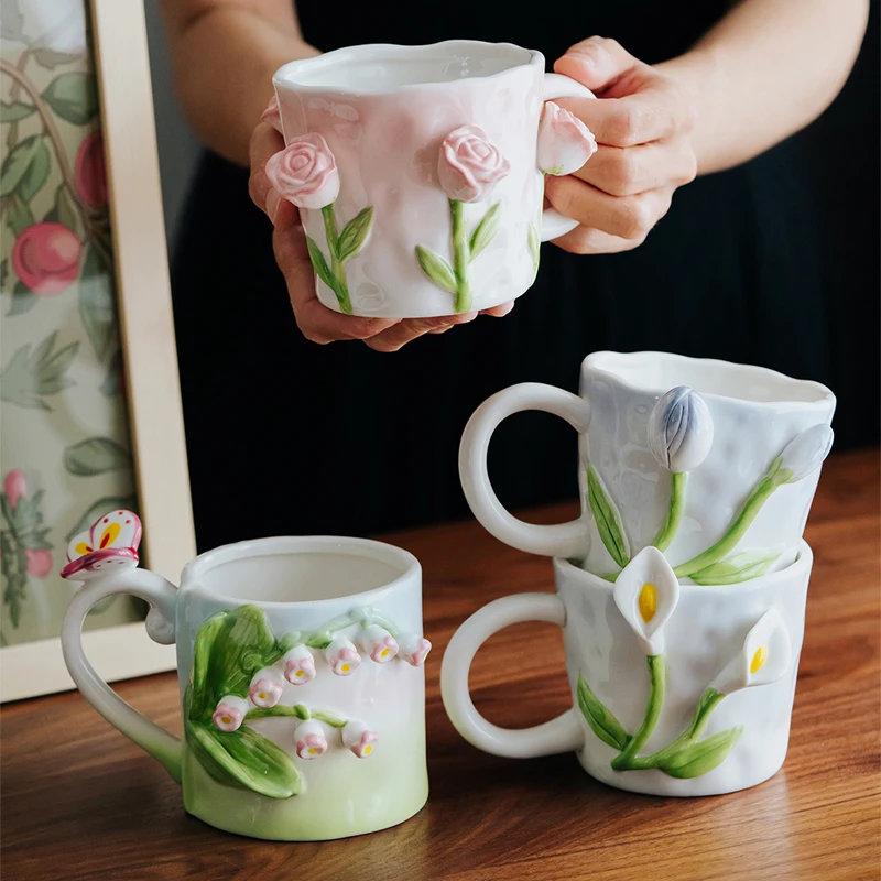 

JINYOUJIA Hand-painted Flower Ceramic Coffee Cup Home Office Mug Breakfast Milk Juice Tea Handle Cups Gift Microwave Safe