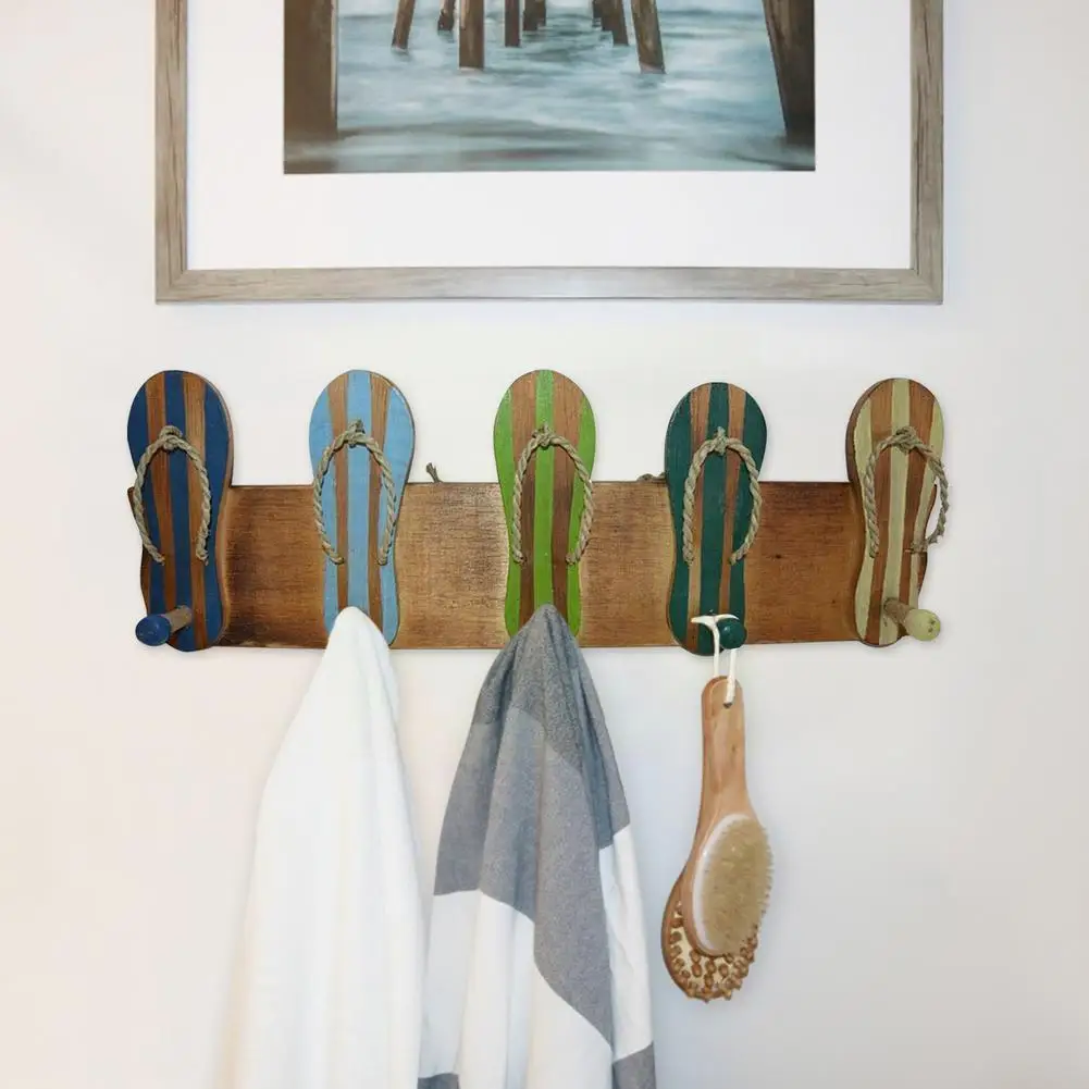 

5 Hooks Wood Colorful Flip Flops Hanger Hook Door Wall Accessory Kitchen Rack Home Towel Keys Organizer Holder Hanging Orga W2I3