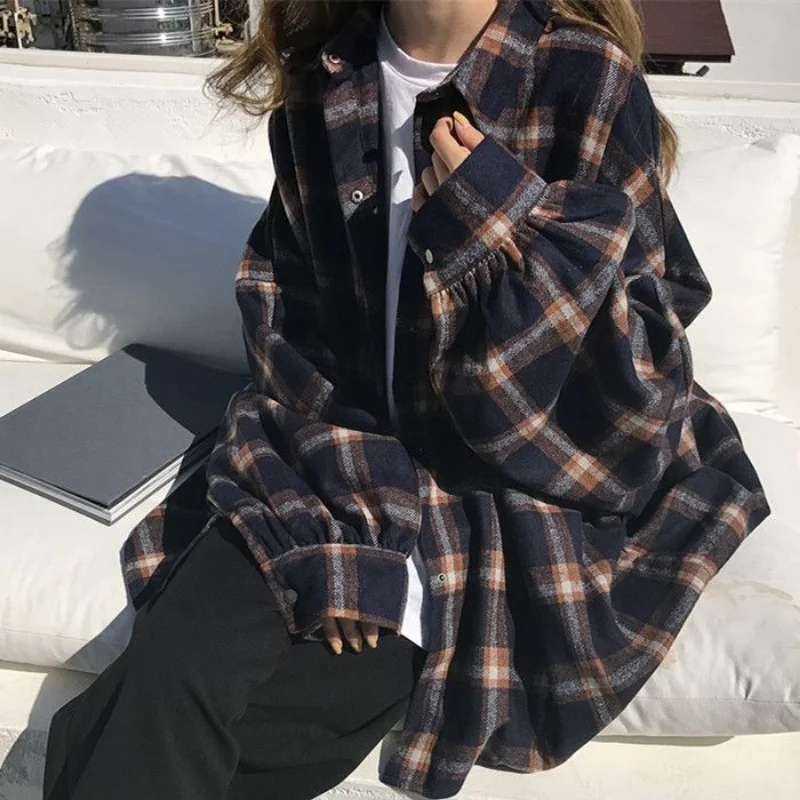 

HOUZHOU Vintage Oversized Blouse Women Korean Fashion Plaid Shirts Female Harajuku Lantern Sleeve Long Shirt Bf Style Cardigan