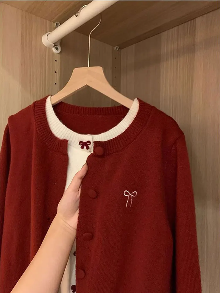 Корейская серия с бантом красный искусственный кардиган из двух предметов