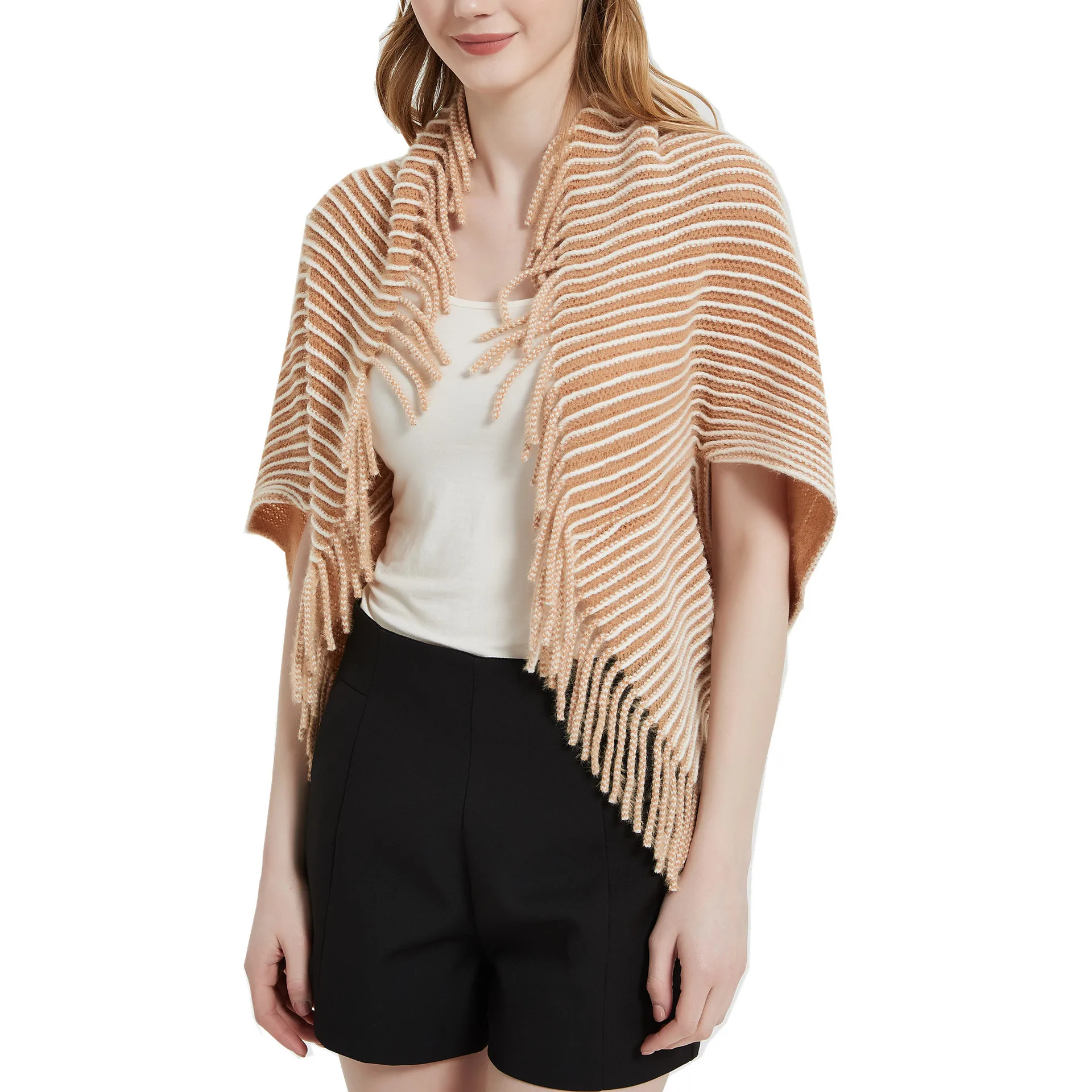 

2022 New Design Knitted Batwing Sleeve Cardigan Women Winter Striped Pashmina Sweater Tassel Spring Shawls Female