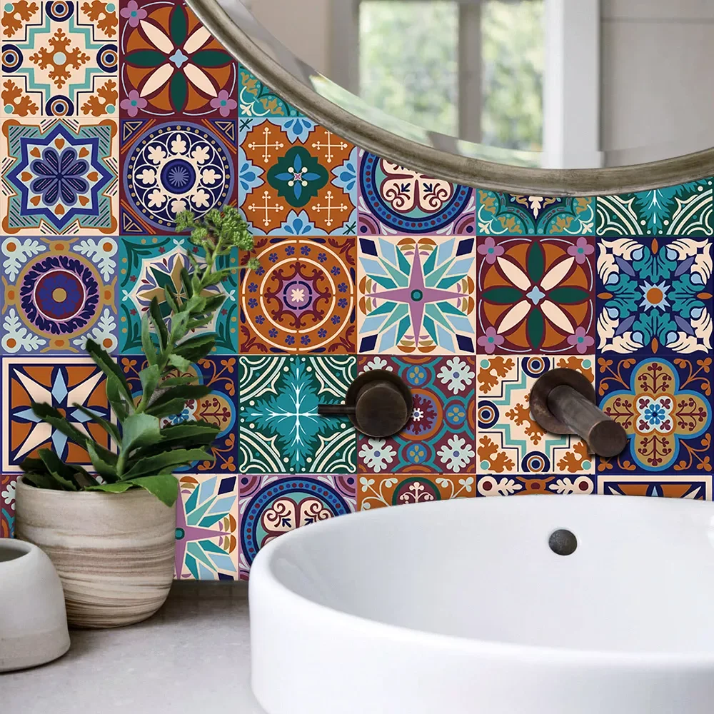 

Retro Tiles Strip Ceramic Wall Sticker Glossy Surface Kitchen Bathroom Wallpaper Waterproof Self-adhesive Wall Decals