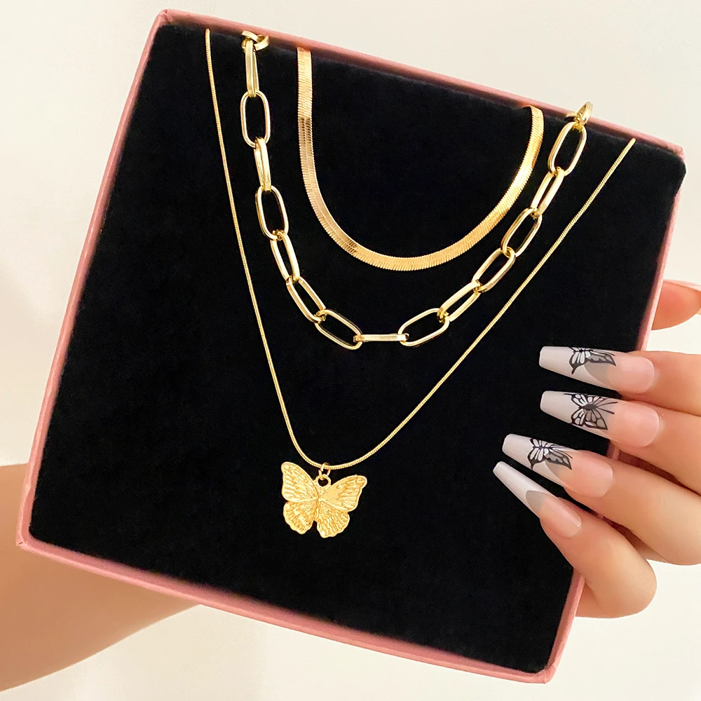 Женское Многослойное Ожерелье Золотого Цвета В Стиле Панк С Подвеской-бабочкой