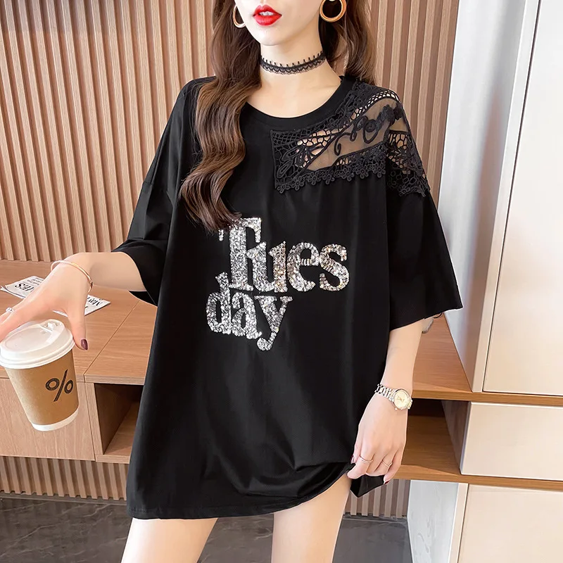 

Summer 2022 Mid Length Female T-Shirts Girly Hollow Out Crew Loose Short Sleeve Fashion Women's Clothing Tees