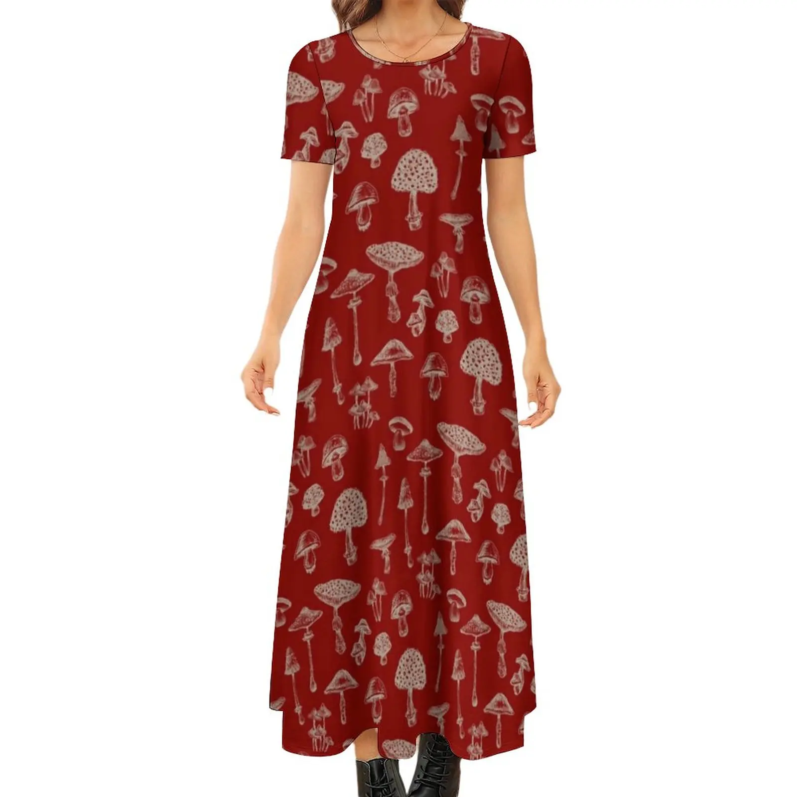 

Various Mushrooms Dress Magic Mushroom Print Party Maxi Dress Ladies Short Sleeve Funny Bohemia Long Dresses Big Size