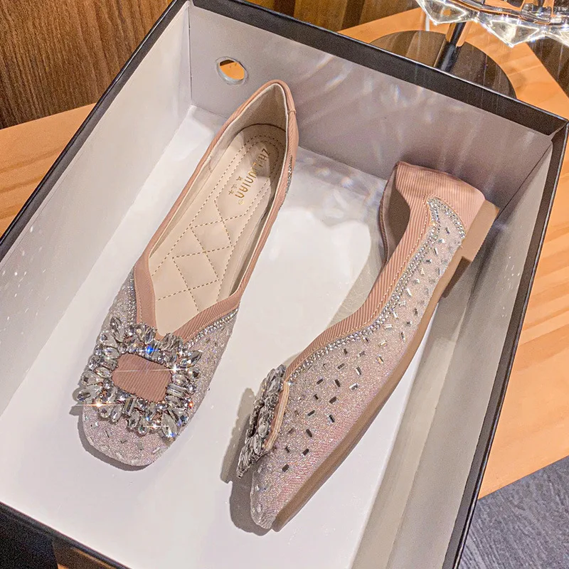 Flats Shoes Women Square Toe Slip on Plaid Tweed Shoes Soft Ballet Flats Ladies Shoes Large Women's Loafers Zapatos De Mujer