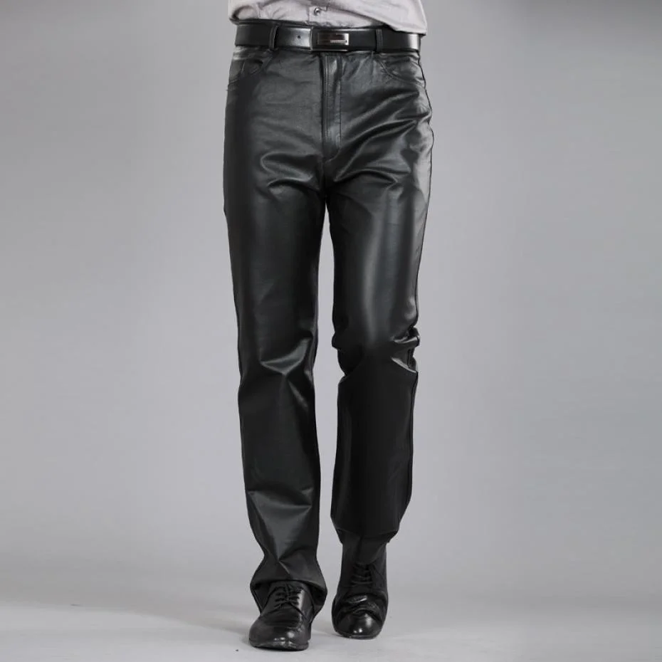 Genuine Leather Pants Autumn Winter Men Plus Size Straight Pants Real Sheepskin Pants Regular Fit Full Length Casual Trousers