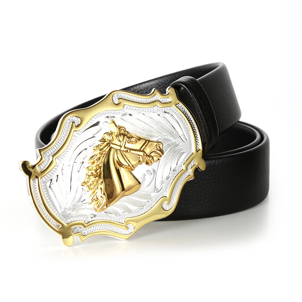 Western Zinc Alloy Buckle Leather Belts Cowboy Horsehead  Animal Pattern Buckle Belt Embossed Cowboy Belts for Men