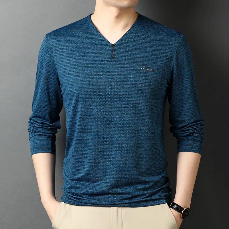 

New V-neck Slim Fit Fashion Spring Autumn Business Casual Korean Long Sleeve Pure Color Soft Classic High End Mens Polo Shirts