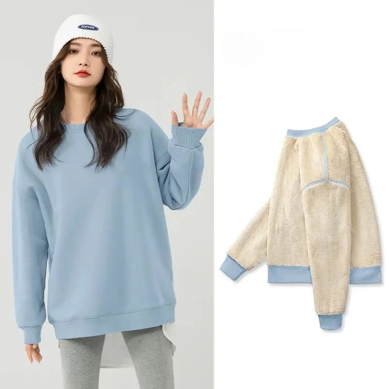 

Warm Soft Oversize Solid Color Pullover Sweatshirts Autumn Winter Sweater Loose Long Sleeve Lazy Style Fleece Hoodie Female Tops