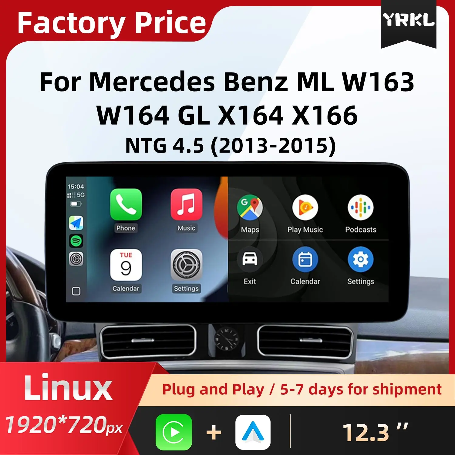 Фото Для Mercedes-Benz ML W163 W164 GL X164 X166: Обновленный беспроводной CarPlay, Android Auto, автомобильное радио, BT-видеоплеер, монитор с сенсорным экраном №1