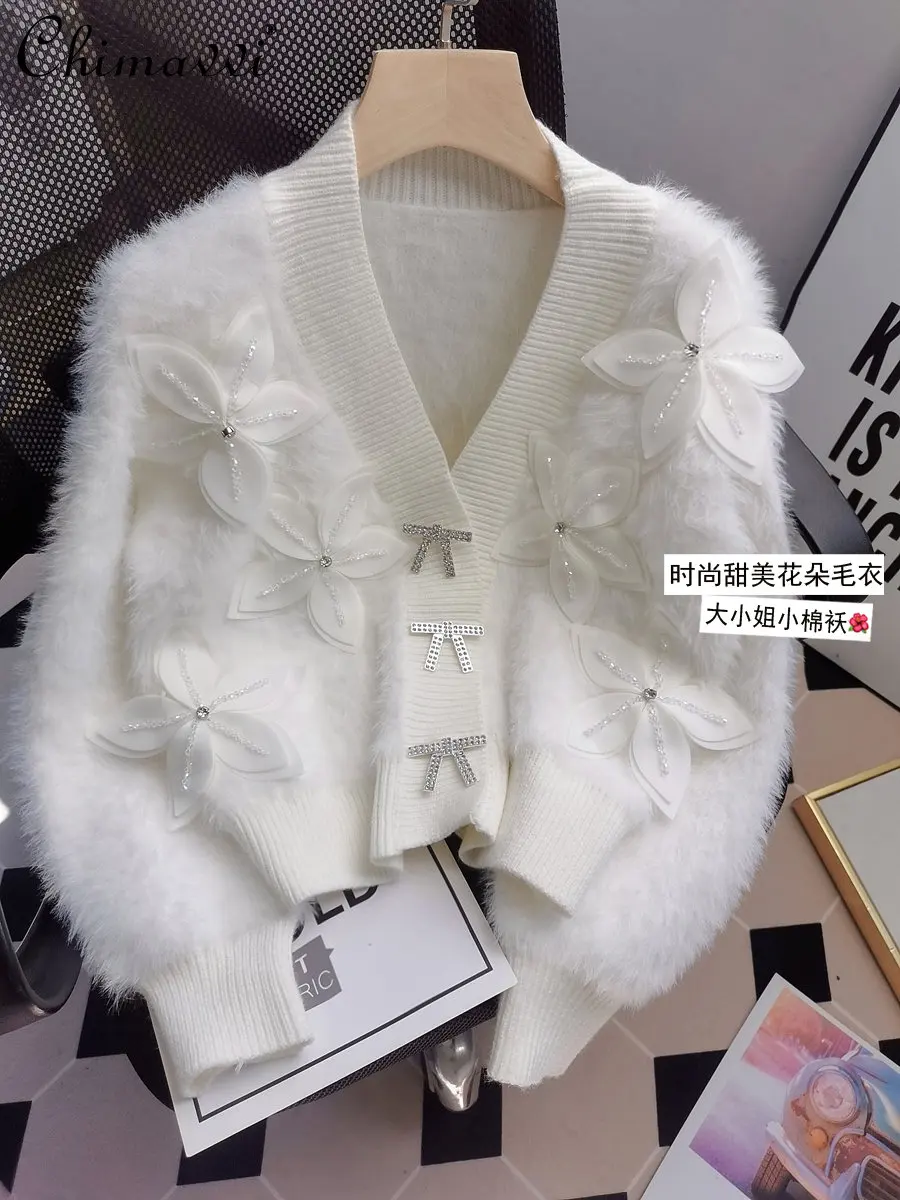 2022 Winter Clothes New Diamond Sweet and Loose Three-Dimensional Flower Short Cardigan V-neck Mohair Sweater Coat Women Fashion