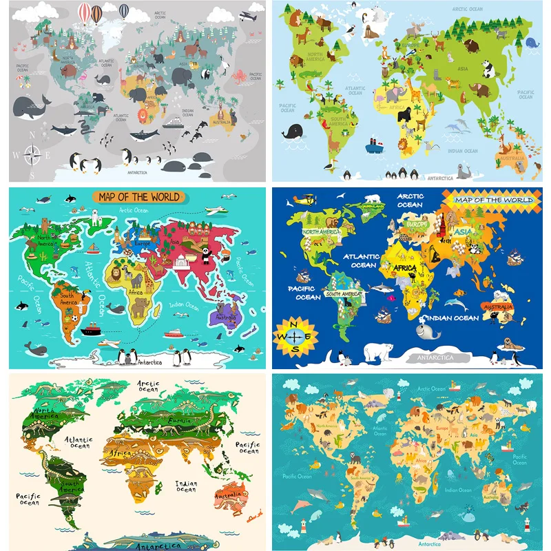 

Art Fabric Photography Backdrops Props Physical Map of The World Kids Map With Animals and Objects Studio Background 22625-11