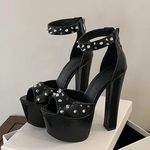 Aneikeh/панк-модные толстые высокие сандалии с заклепками и открытым носком, женская обувь на очень высокой платформе с молнией сзади, обувь для ночного клуба, банкета и вечеринки