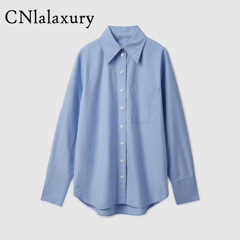 

CNlalaxury Autumn Woman Blue Loose Shirt Long Sleeves Solid Color Pocket Blouse Office Lady Asymmetrical Female Casual Blusas