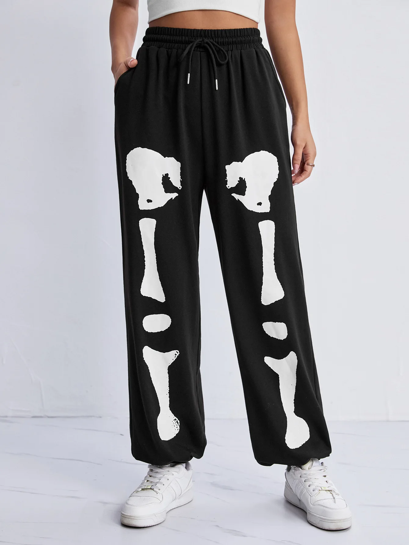 

Goth Dark Skeleton Printed Mall Gothic Casual Sweatpants Shirring High Waist Grunge Aesthetic Pants Women Halloween Alt Trousers