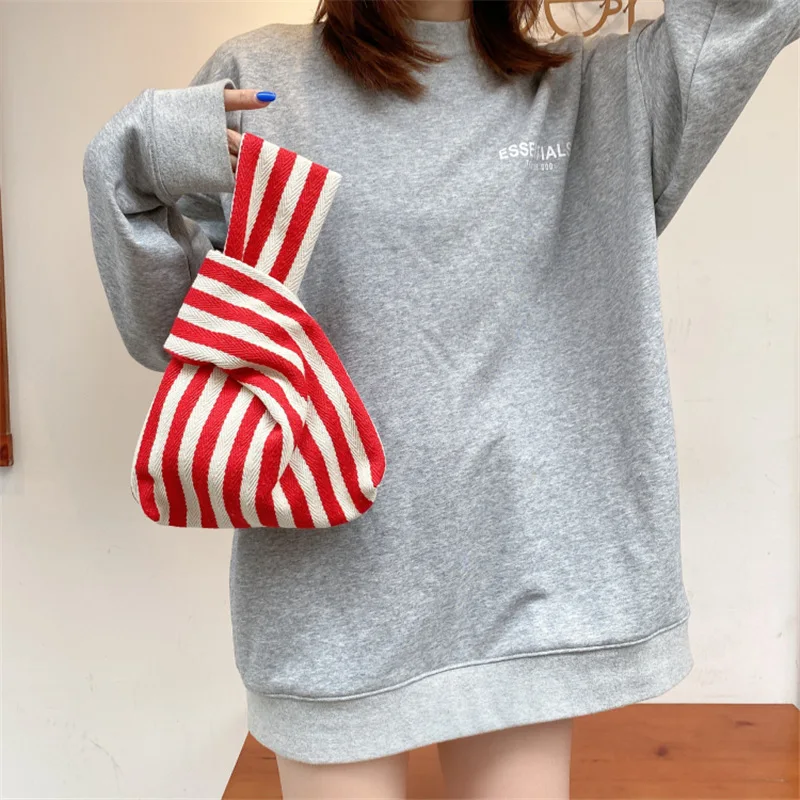 

Portable Knot Wrist Bags for Women Chic Stripe Bags Simple Purses Tote Canvas Storage Cosmetic Bags Ladies Phone Key Coin Bags