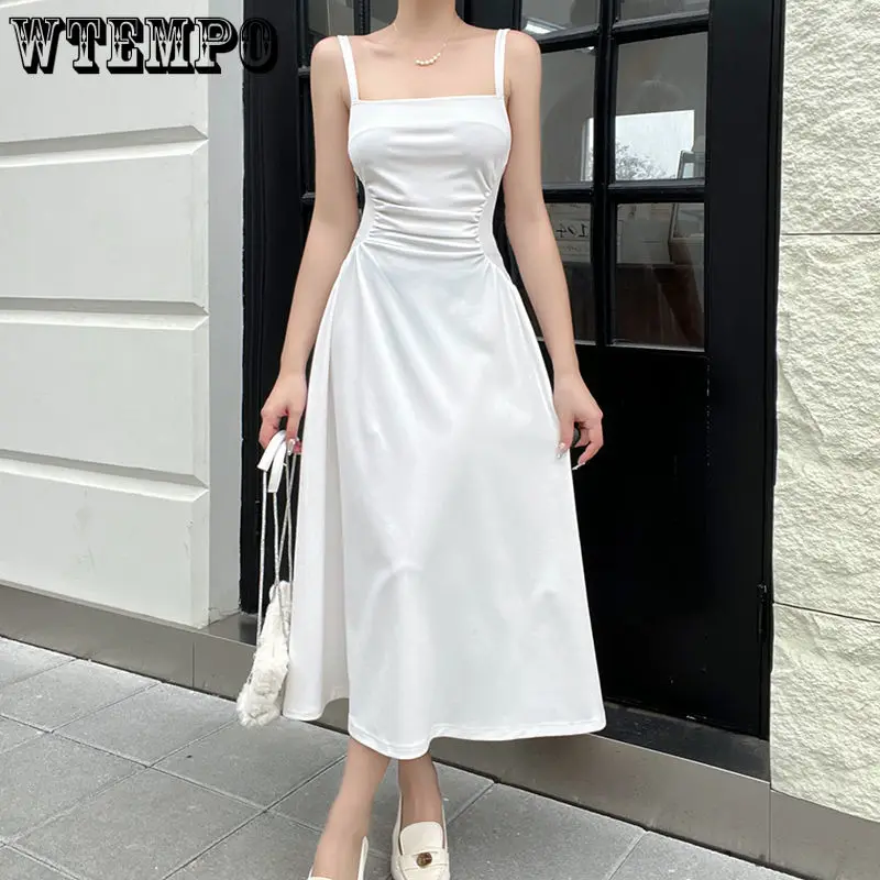 

White Square Neck Strap Dress Women Waist Retraction Fold Design Sweet American Vintage Korean Fashion Commuting Summer