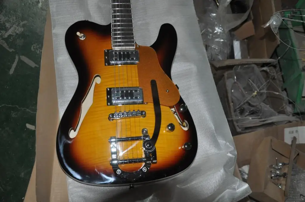 

TL semi-hollow double F hole electric guitar with small rocker tiger pattern in stock 62