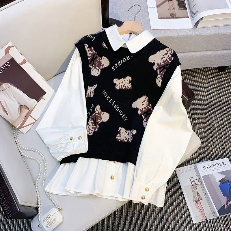 

Women early autumn age reduction leave two-piece knitted shirt top women