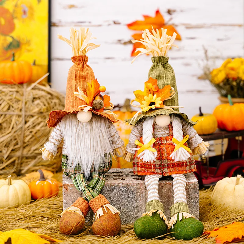 

2Pcs Thanksgiving Decorations Harvest Season Maple Leaf Straw Magic Hat Rudolph Hanging Legs Doll Gnome Dwarf Doll