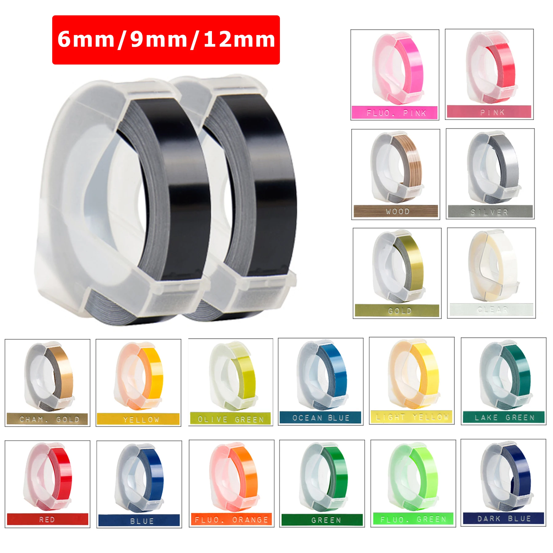 

CIDY 2pcs 9MM 6MM 12MM 3D Label Refill Printer Ribbon PVC LABEL Motex E101 1610 12965 1880 Label Machine Tapes