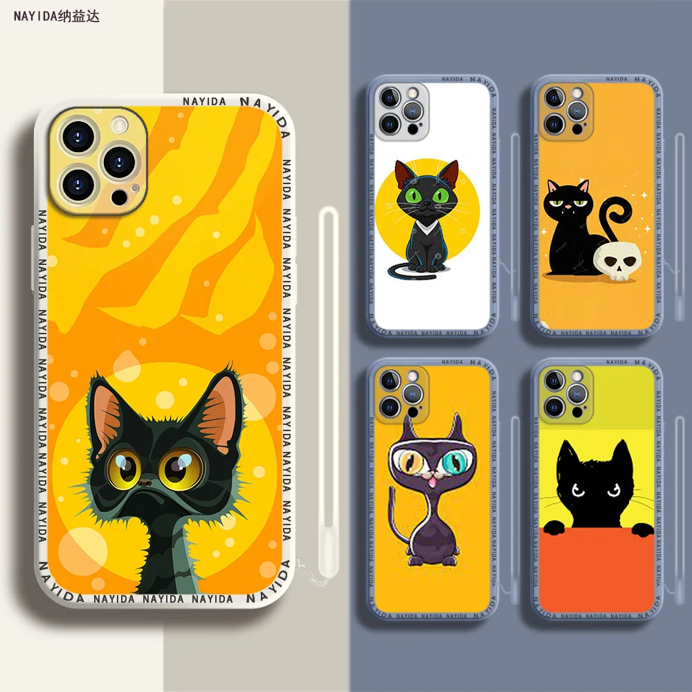 

Soft Silicone Phone Case For iPhone 14 13 11 12 Mini Pro Max XS XR X Blue Lanyard Cover Black Cat Cartoon Cute