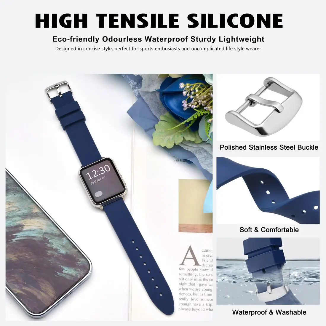 WOCCI Sport Rubber Silicone Watchband 16mm 18mm 20mm 22mm 24mm Black Blue Watch Band Sweat Proof Watch Strap Fit for Summer