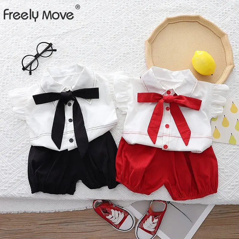

1-5 Years Toddler Baby Kids Unisex Casual Suit Summer Bow Sleeveless Ruffles Blouse Tops+ Solid Shorts Gisl Boys Suits