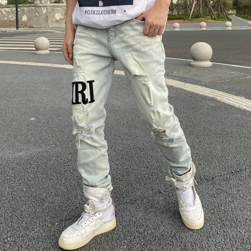 Streetwear Casual Slim Fit Jeans Men 2023 High Quality Masculina Letter Jeans Pants Men Trendy Dance Club Skinny Jeans Toursers