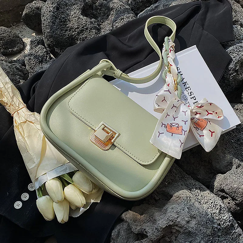 

Silk Scarf Solid Color Small PU Leather Women's Shoulder Crossbody Bags 2022 Summer Teenage Girl Luxury Branded Trending Handbag