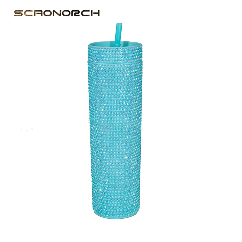 16oz Water Cups With Straw Lid Bling Rhinestones Plastic Tumbler Water Bottle Office Car Coffee Mug Cup Outdoor Portable