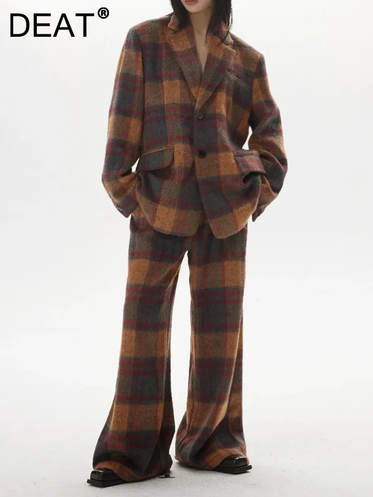 

Женский шерстяной костюм в клетку DEAT, однобортный шерстяной костюм в полную длину с отложным воротником и карманами на молнии, 7AB2216, зима 2023