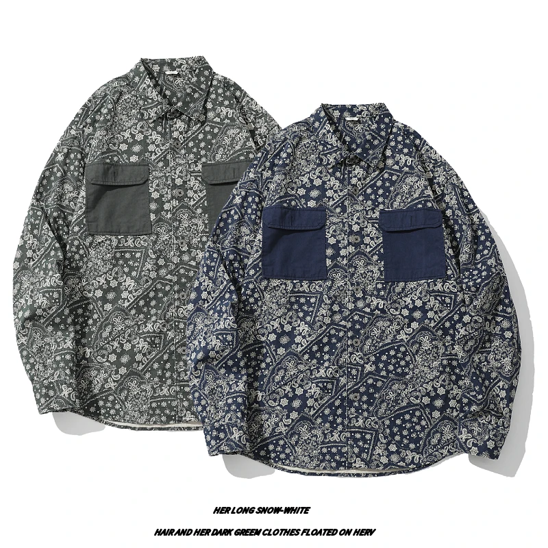 

Japanese New Retro Men's Workwear Shirt Jacket Men's Printed Cotton Casual Work Hunting Style Shirts Men's Tops